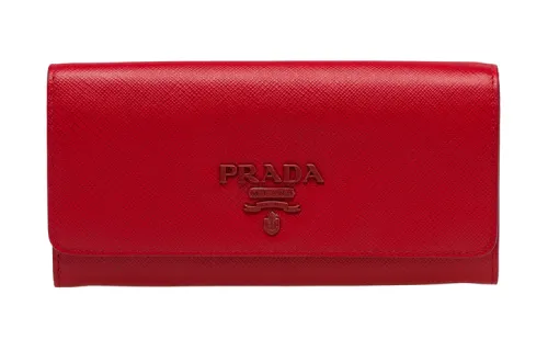 PRADA Saffiano Flap Leather Wallet Women's Red