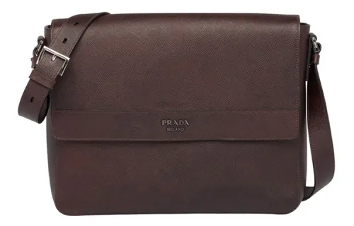 PRADA Flap Saffiano Leather Shoulder Bag Men's Brown
