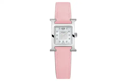 HERMES Heure H Collection Wrist Watches Quartz Movement Genuine Leather Strap 17.2mm Mother of Pearl Color Watch Dial