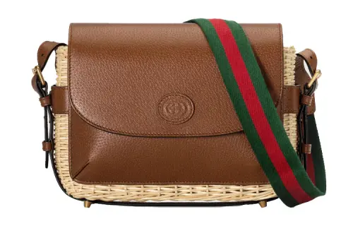 GUCCI Wicker Patchwork Leather Messenger Bag, Shoulder Bag, Crossbody Bag Small Unisex Brown & Beige