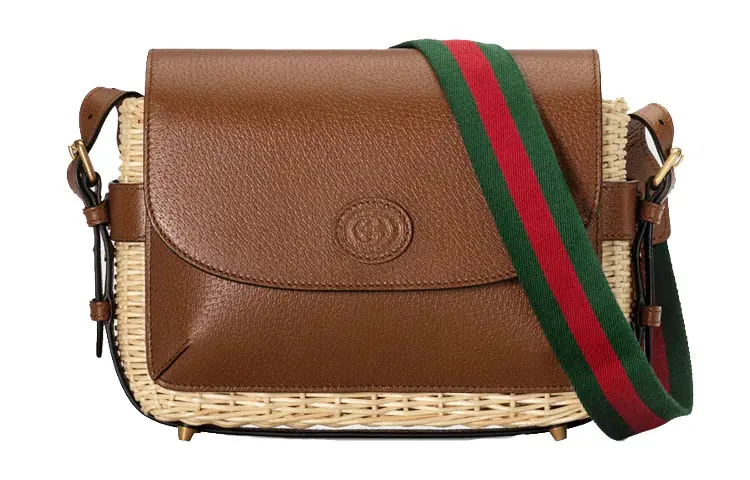 GUCCI Wicker Patchwork Leather Messenger Bag, Shoulder Bag, Crossbody Bag Small Unisex Brown & Beige