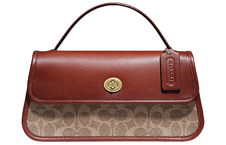 COACH Turnlock Coated Canvas Turn Lock Handbag Women's Brown Yellow Rusty