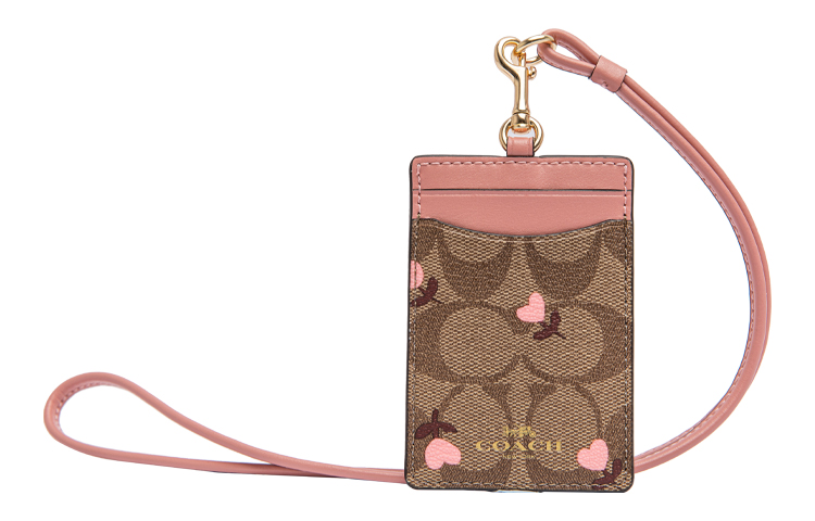 COACH Lanyard Coated Canvas With Smooth Leather Card Holder Mini Women's Brown Pink