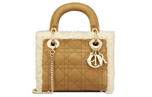 DIOR Lady Dior Soft Leather And Fur One Shoulder Handbag Mini Women's Brown & Yellow & Camel