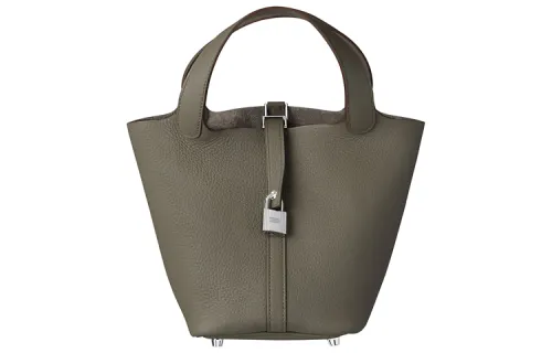 HERMES Picotin Lock Clemence Bullock Leather Basket Bag, Bucket Bag, Handbag 18 Women's 8F Gris ÉTain Tin Gray
