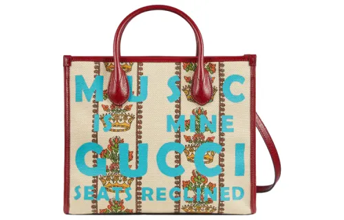 GUCCI Leather Tote Bag, Shopping Bag, Shoulder Bag, Crossbody Bag, Handbag Small Unisex Ivory White/Red