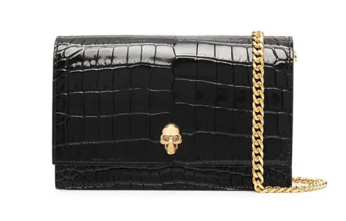 Alexander McQueen Crocodile Pattern Leather Chain Bag, Shoulder Bag Women's Black