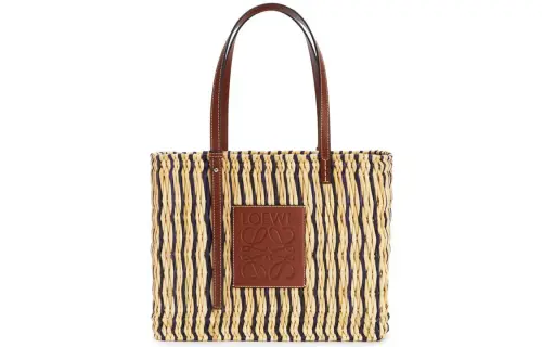 LOEWE Square Basket Reed With Calfskin Shoulder Bag Women's Natural/Black/Hickory Nut