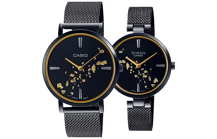 CASIO Couple Watches Round Dial Quartz Movement Metal Strap Watch Unisex Black Dial
