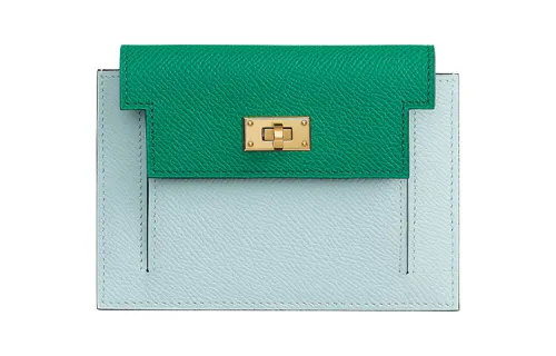 HERMES Kelly Pocket Tricolor Cow Leather Wallet Women's Jade Green/Bosphorus Green