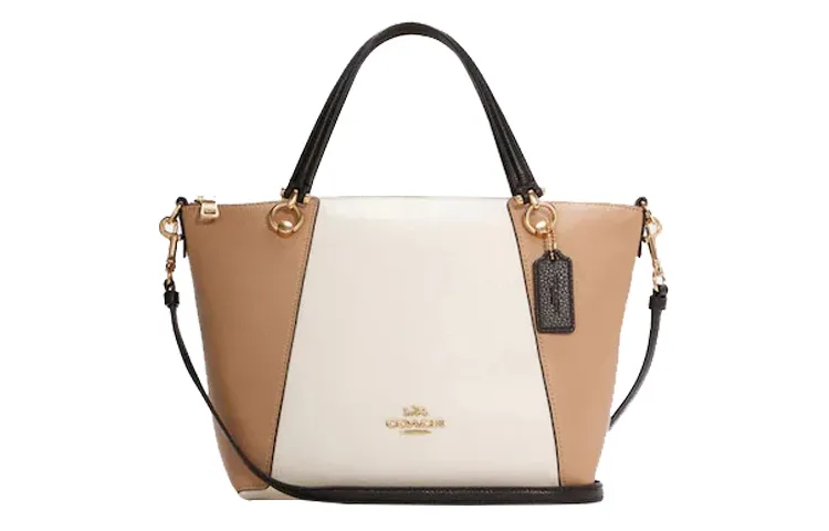 COACH Polished Leather Tote Handbag Small Women's Milk Tea & White