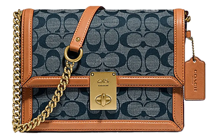 COACH Hutton Canvas With Leather Crossbody Bags Small Women's Denim Blue & Brown