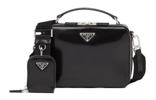 PRADA Brique Shiny Leather Messenger Bag, Portable Crossbody Bag, Shoulder Bag Regular Men's Black
