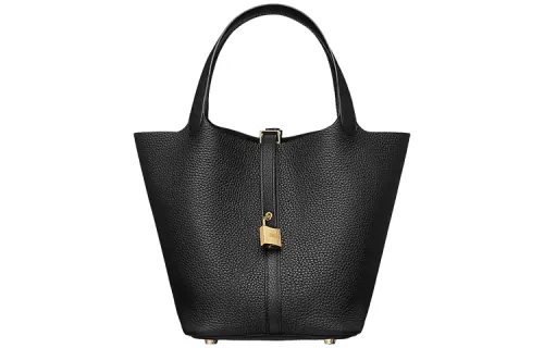 HERMES Picotin Lock Clemence Bullock Leather Basket Bag, Bucket Bag, Handbag 22 Women's 89 Noir Black