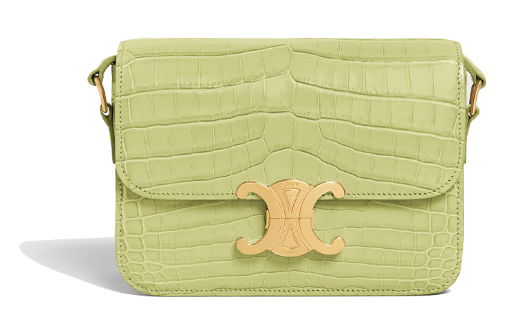 CELINE Teen Triomphe Brand Logo Crocodile Leather Shoulder Bag, Crossbody Bag Women's Light Green
