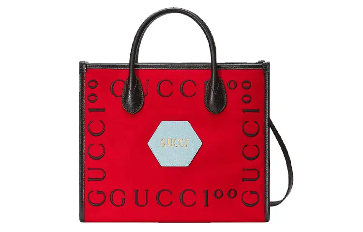 GUCCI Felt With Leather Tote Bag, Shopping Bag, Shoulder Bag, Crossbody Bag, Handbag Small Unisex Rose Red/Black