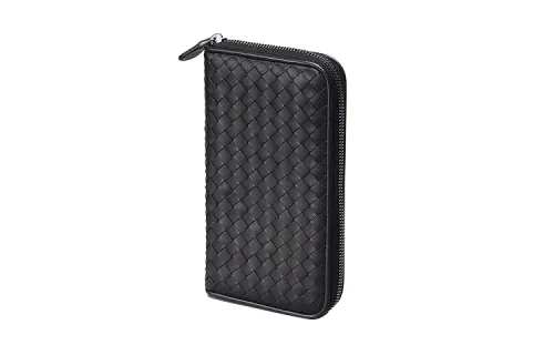 Bottega Veneta Intrecciato Weave Zip Around Wallet Black