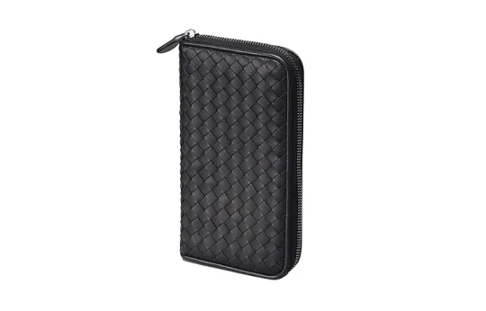 Bottega Veneta Intrecciato Weave Zip Around Wallet Black