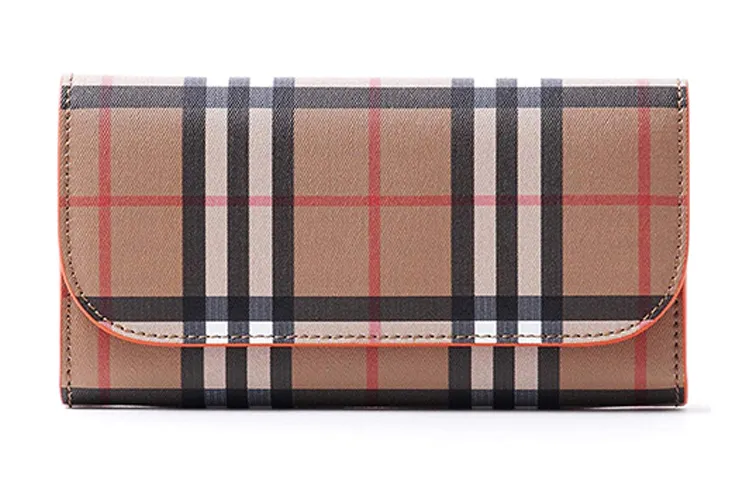 Burberry Plaid Cow Leather Card Holder Wallet Women's Khaki/Orange