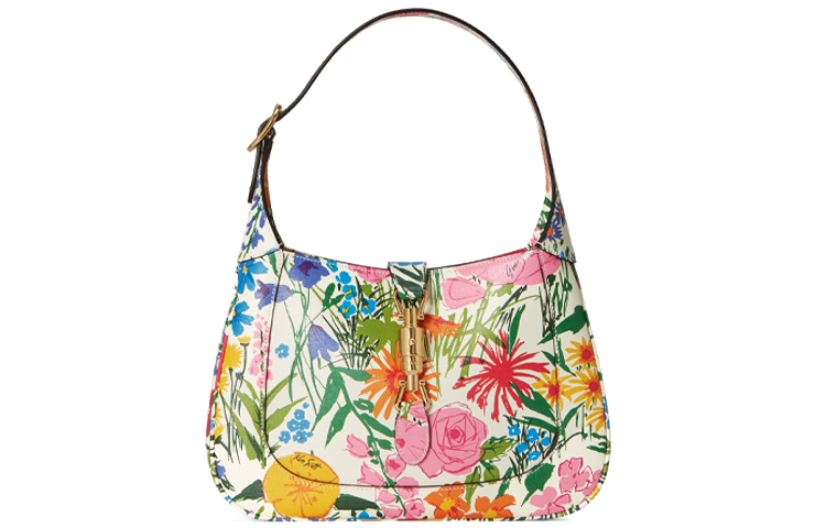 GUCCI Gucci Jackie 1961 Gold Lock Ken Scott Printed Detachable Extended Shoulder Strap Leather Half Moon Underarm Bag Shoulder Bag Small Women's Ivory White