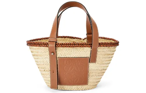 LOEWE Basket Palm Leaf With Calfskin Vacation Bag, One Shoulder Handbag Small Women's Brown