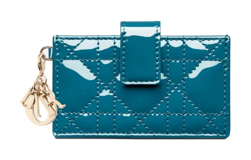DIOR Lady Dior Cow Leather Coin Purse, Card Holder Women's Gray Blue