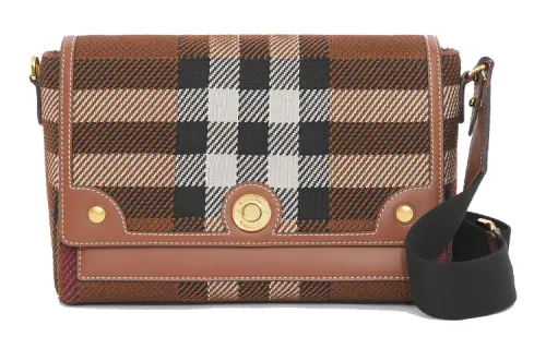 Burberry Plaid Knitted Fabric With Leather Handheld Shoulder Bag, Crossbody Bag Women's Dark Birch Brown