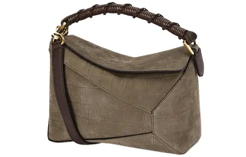 LOEWE Puzzle Suede Handbag, Shoulder Bag, Crossbody Bag Small Women's Olive Green