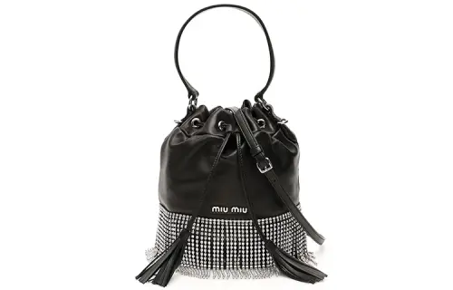 MIU MIU Miu Miu Long fringe with crystals Logo lettering on front Detachable shoulder strap Lambskin Bucket Bag Tote Women's Black