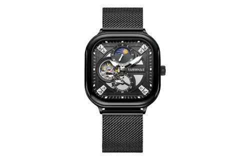 Mark Huafei FAIRWHALE Starlight Series Square and Round Combining Chinese Style and Trend Finely Crafted Men's Watch Automatic Mechanical Movement Stainless Steel Strap National Watch Men's Watch Black Dial Multi-function Luminous Waterproof Sun and Moon Phase Watch FW-6290-M3