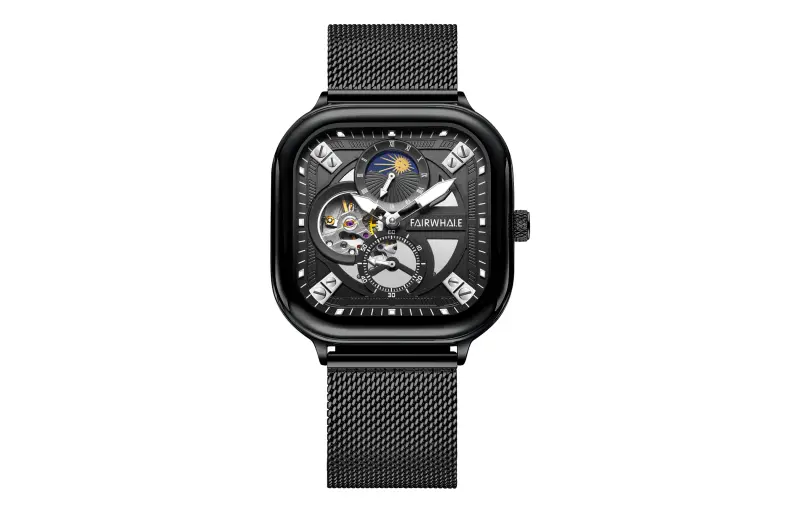 Mark Huafei FAIRWHALE Starlight Series Square and Round Combining Chinese Style and Trend Finely Crafted Men's Watch Automatic Mechanical Movement Stainless Steel Strap National Watch Men's Watch Black Dial Multi-function Luminous Waterproof Sun and Moon Phase Watch FW-6290-M3