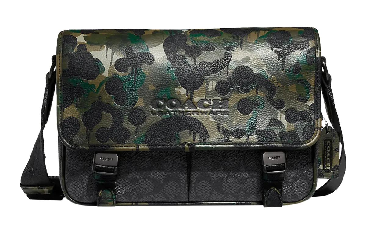 COACH Coated Canvas With Leather Messenger Bag, Shoulder Bag, Crossbody Bag Large Men's Black & Multicolor