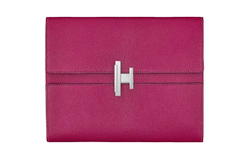 HERMES Cinhetic Metal Accessories Chevre Mysore Goatskin Clutch Women's Rose Red
