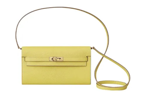 HERMES Kelly To Go Gold tone Lock Mysore Goat Skin Crossbody Wallet Women's 9R Lime Lemon