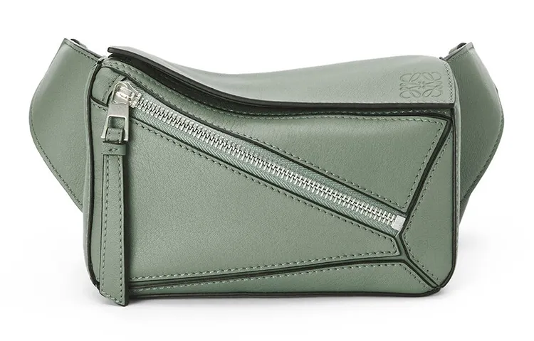 LOEWE Puzzle Smooth Calfskin Sling Bag, Fanny Pack Mini Men's Dark Sage Green