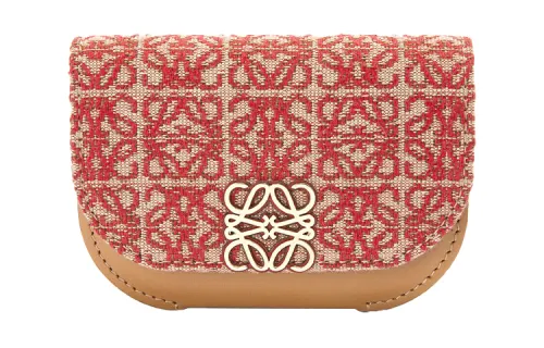 LOEWE Goya Gold tone Lock Jacquard Fabric With Cow Leather Card Holder Card Holder Women's Red/Desert Brown