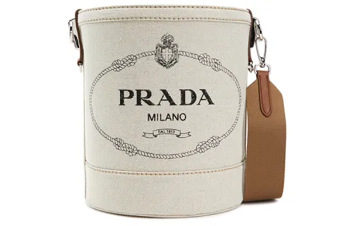 PRADA Cotton With Cow Leather Shoulder Bag Women's Milk White