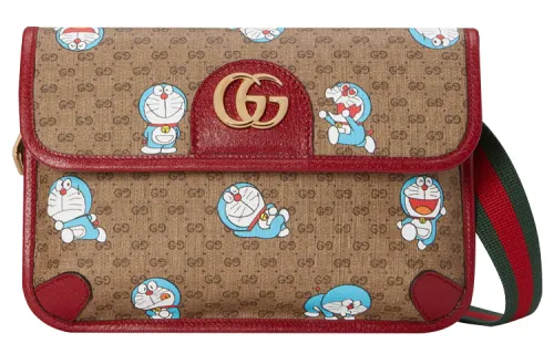 GUCCI Doraemon Collaboration Canvas With Leather Sling Bag, Fanny Pack Unisex Beige/Ebony/Cherry Red