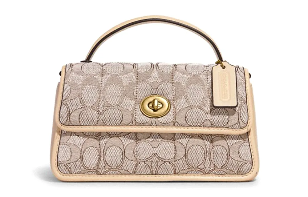 COACH Turnlock Cotton With Cow Leather Handbag, Crossbody Bag, Shoulder Bag Small Women's Lime Ivory White