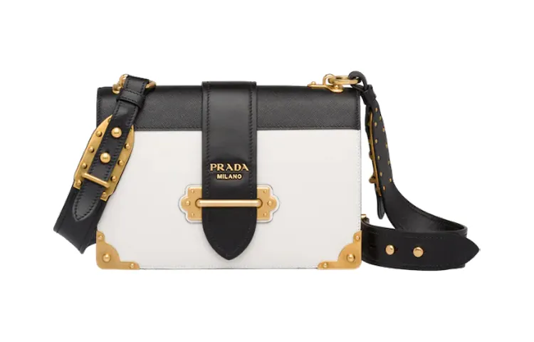 PRADA Cahier Calfskin Small Square Bag, Crossbody Bag, Shoulder Bag Women's Black/White
