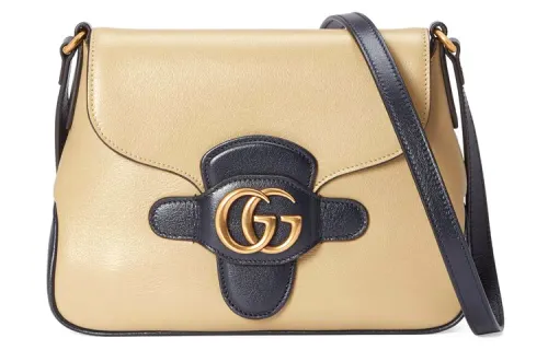 GUCCI Leather Messenger Bag, Shoulder Bag, Crossbody Bag Small Women's Beige/Dark Blue