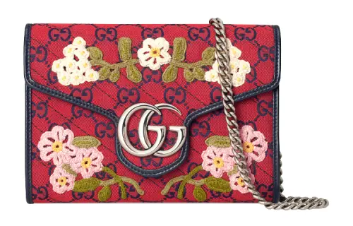 GUCCI GG Marmont Multicolor Leather Trim Quilting Canvas Chain Wallet Shoulder Bag Crossbody Bag Mini Women's Red/Blue