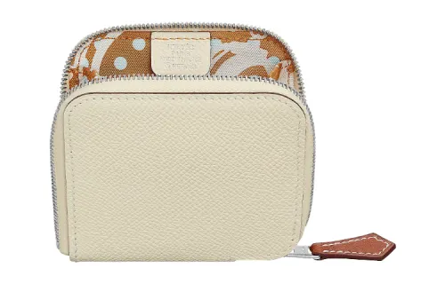 HERMES Silk'In Cow Leather Wallet Coin Purse Regular Women's Gray White