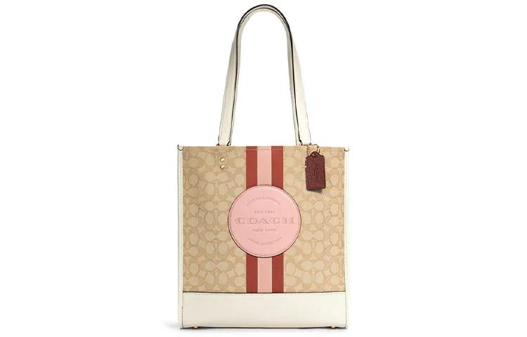 COACH Dempsey Fabric With Cow Leather Tote Bag, Shopping Bag, Shoulder Bag, Handbag Large Women's Khaki & Soft Pink