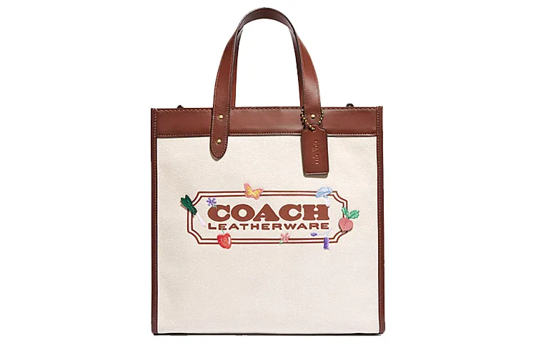 COACH Cow Leather Tote Bag, Shopping Bag, Shoulder Bag, Crossbody Bag, Handbag Large Women's Red Brown & Ecru