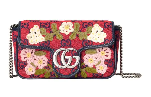 GUCCI Marmont Multicolor Leather Trim, Embroidered Canvas Chain Shoulder Bag, Crossbody Bag Mini Women's Red/Dark Blue