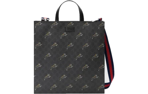 GUCCI Canvas With Leather Tote Bag, Shopping Bag, Shoulder Bag, Crossbody Bag, Handbag Men's Black Gray
