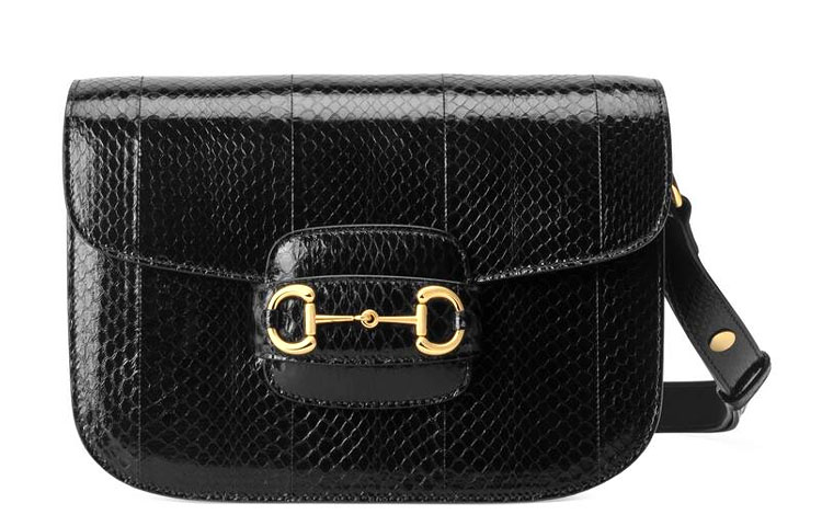 GUCCI Horsebit 1955 Python Skin Saddle Bag, Crossbody Bag, Shoulder Bag Small Women's Black