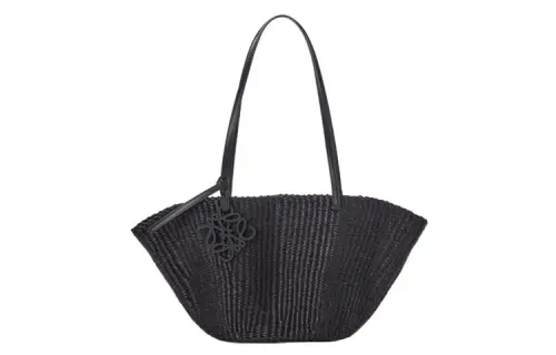 LOEWE Anagram Elephant Straw Woven Cow Leather Charm Handbag, Shoulder Bag Women's Black