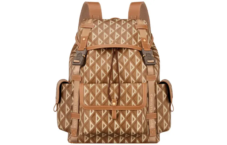 DIOR CD Diamond Nylon Jacquard Cow Leather Backpack Large Men's Coffee